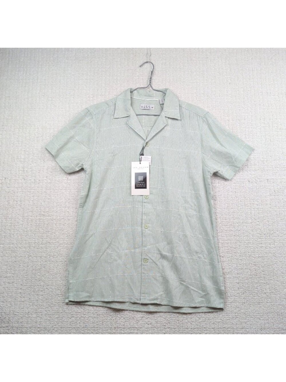 Ike Behar Linen Blend Windowpane Shirt Mint Green / Blue Men Sz S Preppy Summer